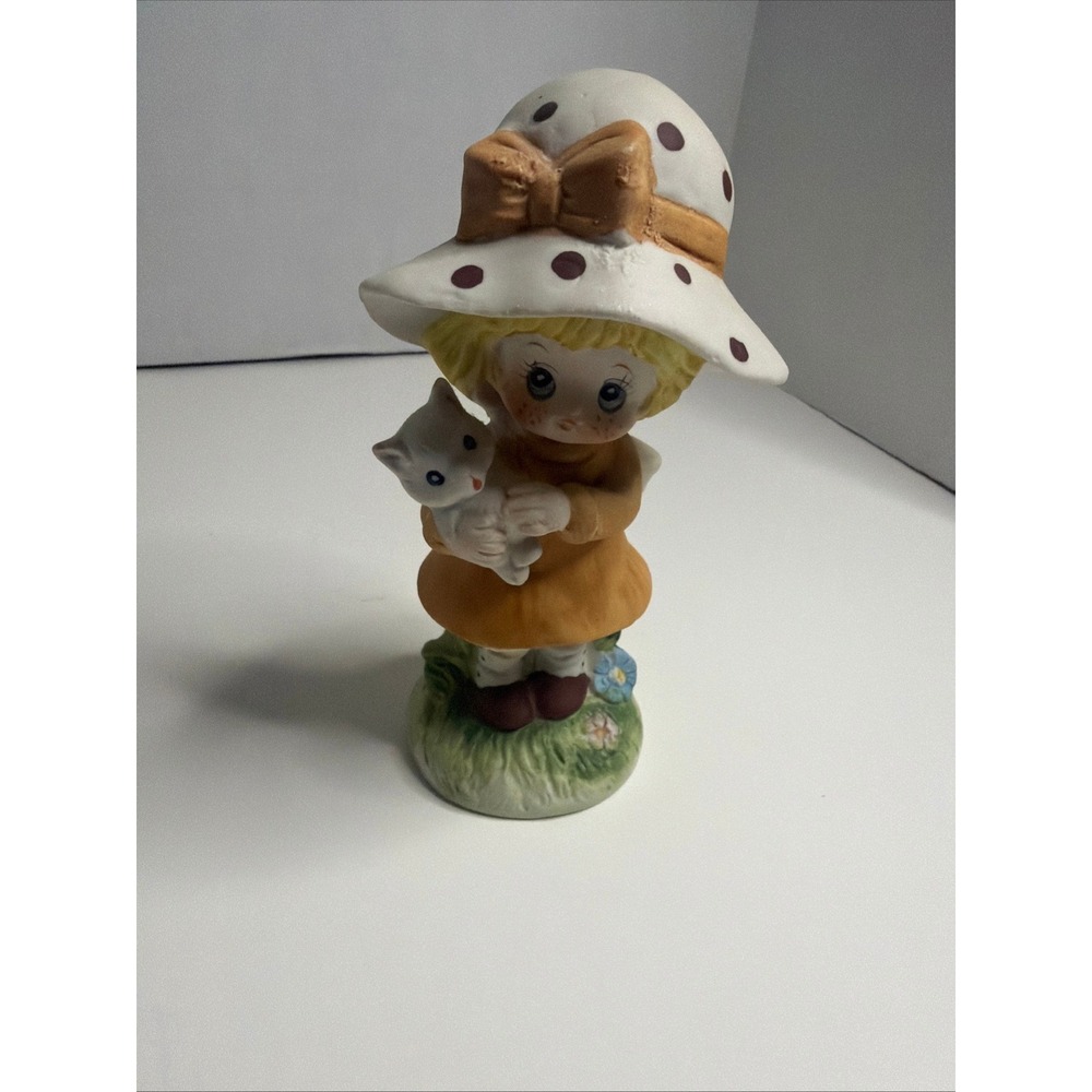 Vintage Girl With Kitten Figurine Polka Dot Hat Ceramic Collectible